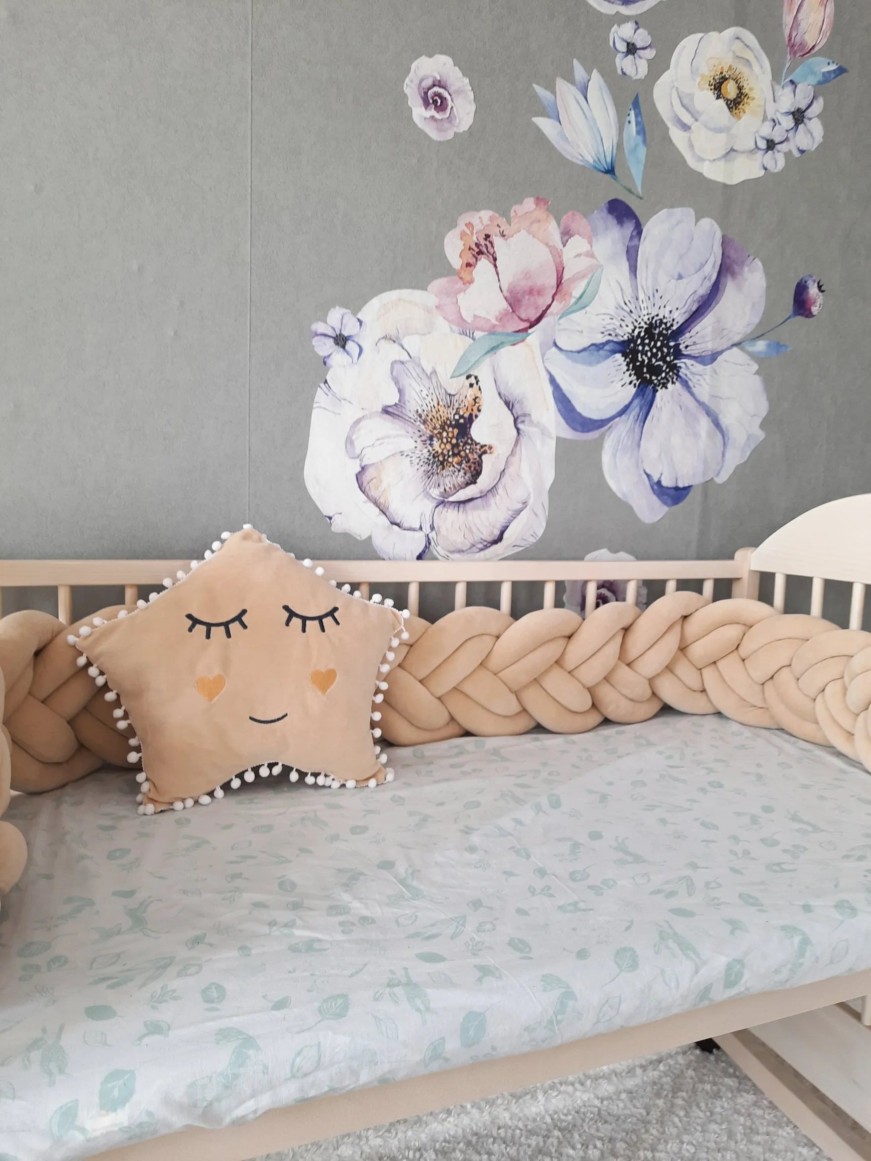 cream knotted crib bumper standard crib with star pillow floral wall