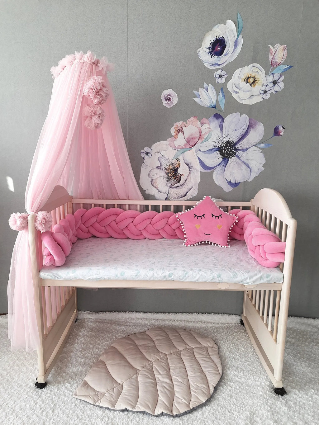pink double braided crib rail cover wooden crib girl nursery floral wall decal