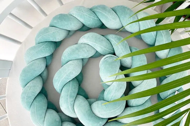 Mint teal 3-strand braided crib bumper in round white crib, handmade OEKO-TEX cotton nursery bumper
