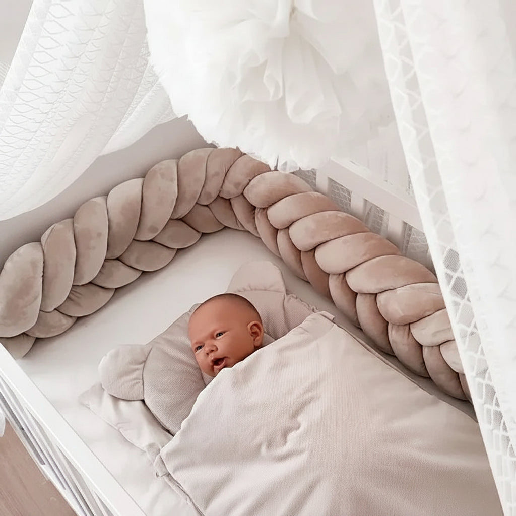 beige mermaid braid crib bumper newborn white crib canopy overhead view