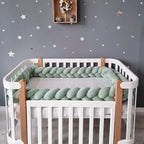 Dark olive 3-strand braided crib bumper in white crib, handmade cotton nature nursery decor, CottonNest