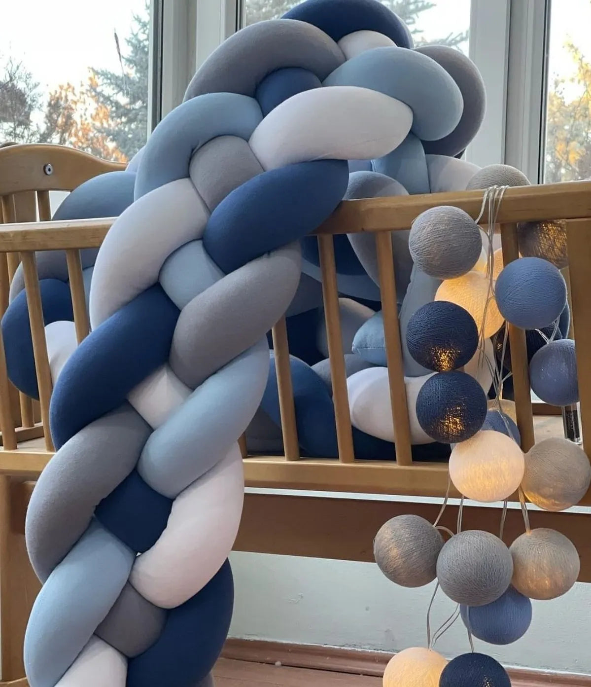 4 strand braided crib bumper white light blue dark blue gray in wooden crib, boy nursery decor