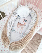 Cotton baby nest for newborn with deer print and pillow, handmade baby lounger in pink star crib, CottonNest