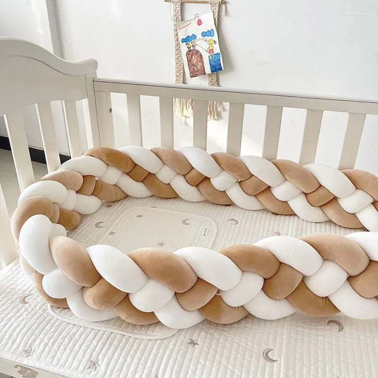 4 strand braided crib bumper white coffee beige in white standard crib, neutral boho nursery