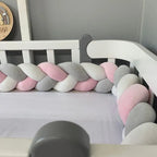 White pink gray 3-strand braided crib bumper in white crib, OEKO-TEX certified cotton nursery decor