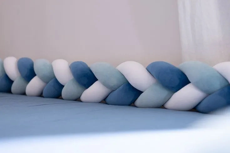 White light blue blue 3-strand braided crib bumper close-up, soft cotton velour baby boy nursery bumper, CottonNest