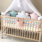 4 strand braided crib bumper blush mint peach white on natural wood crib with canopy, girl nursery