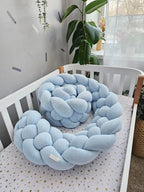 solid light blue 4 strand braided crib bumper in white standard crib, boy nursery, OEKO-TEX cotton