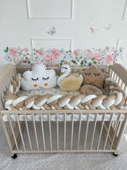 double braided crib bumper white cream beige in natural wood standard crib, floral nursery decor