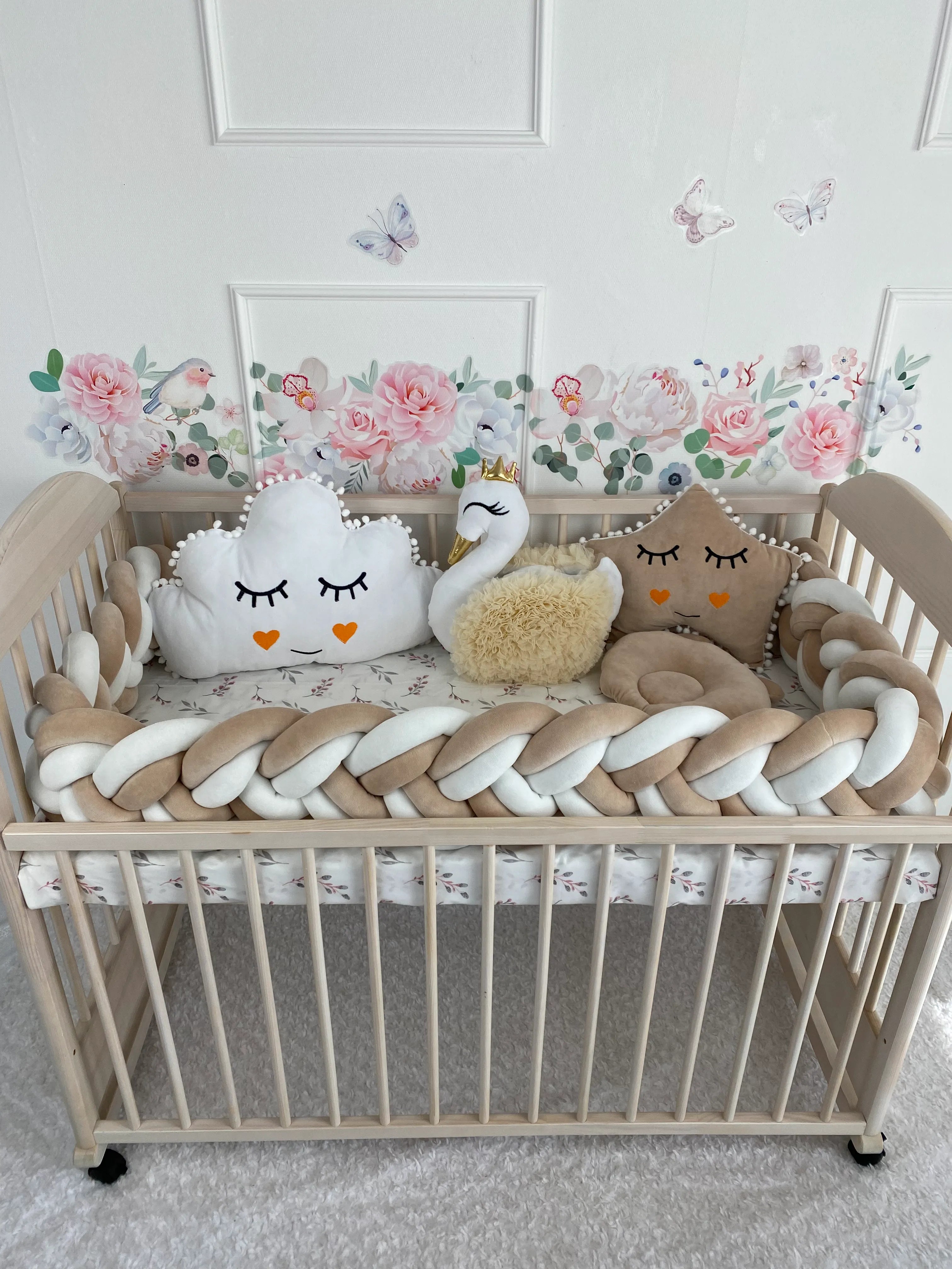 double braided crib bumper white cream beige in natural wood standard crib, floral nursery decor