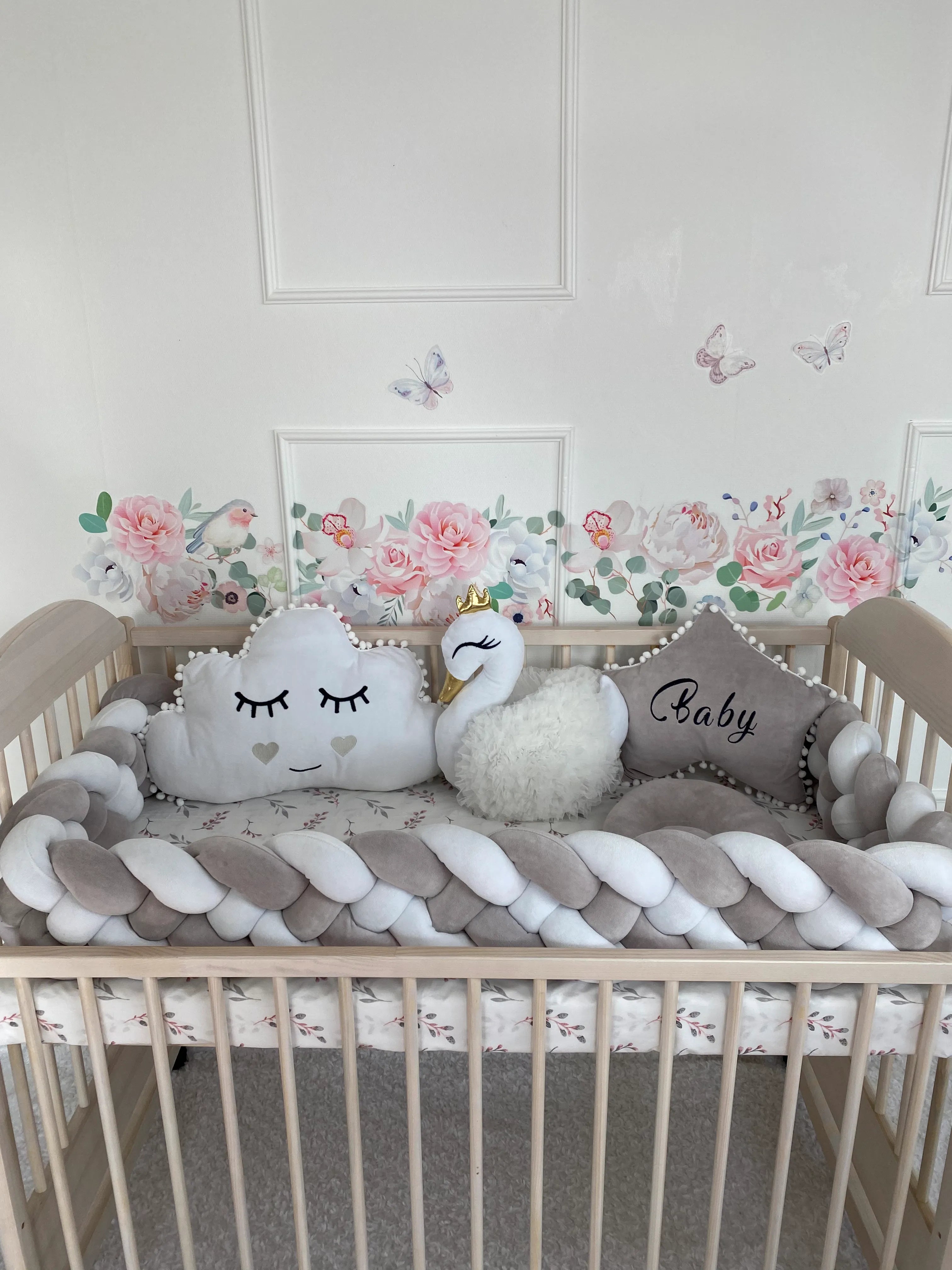 4 strand braided crib bumper gray white in natural wood standard crib, floral nursery wall decor