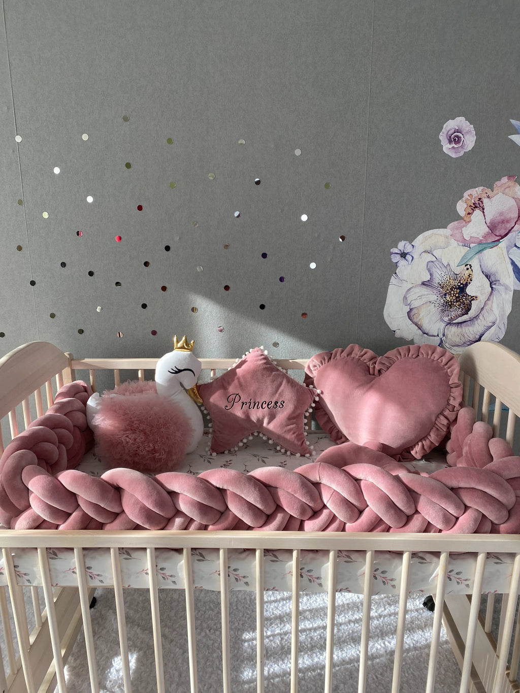 solid rose double braided crib bumper in natural wood standard crib, swan pillow, princess nursery decor