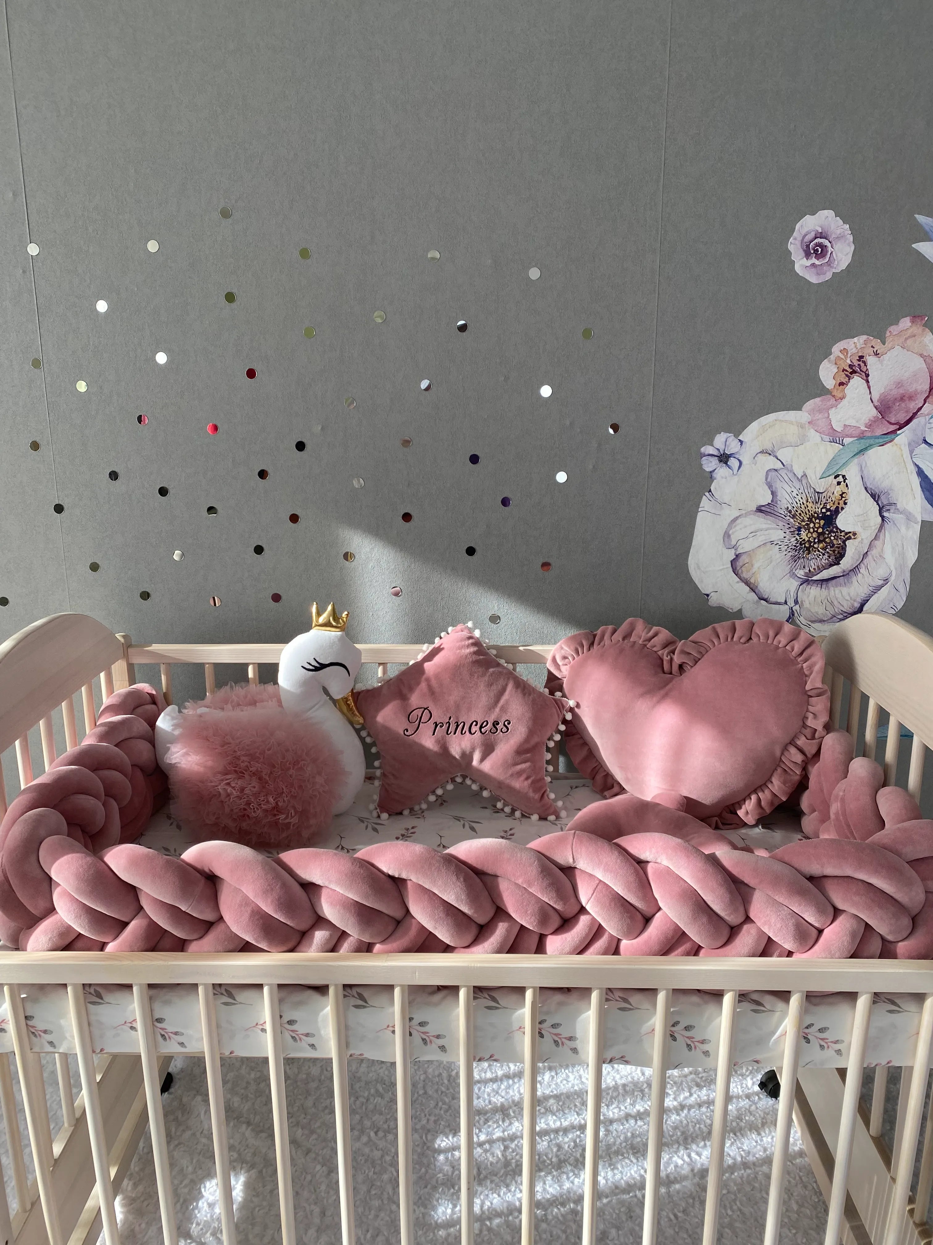 solid rose double braided crib bumper in natural wood standard crib, swan pillow, princess nursery decor