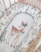 Handmade cotton baby nest with watercolor deer print, soft newborn lounger in white and beige, CottonNest