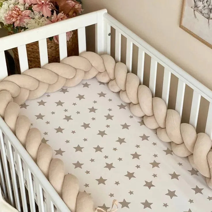 Cream beige 3-strand braided crib bumper in white crib with star sheet, natural boho nursery decor, CottonNest