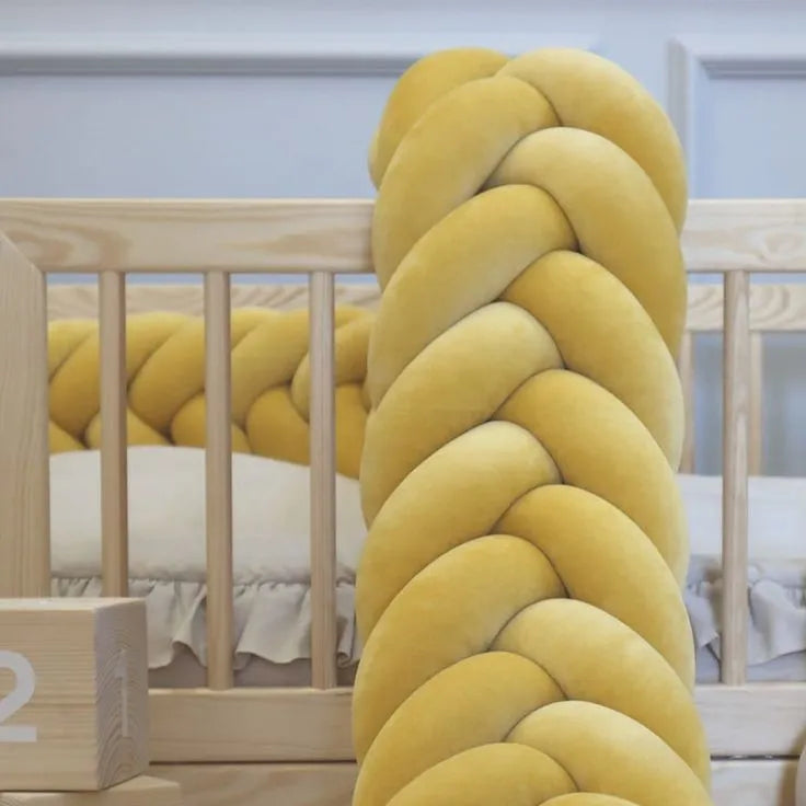 yellow mermaid braided crib bumper wooden crib close-up cotton velour