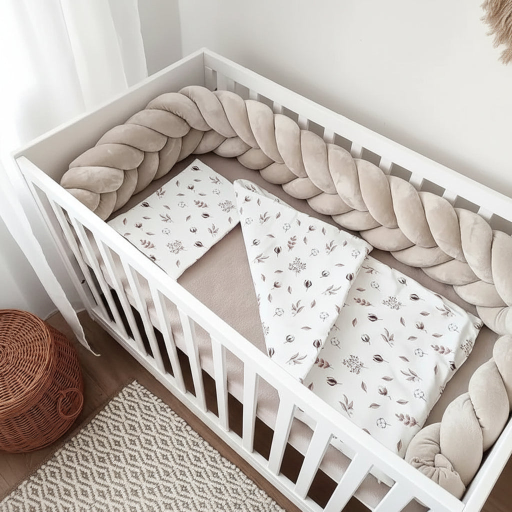 warm beige mermaid braided crib bumper white crib floral bedding overhead view