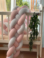 close up 4 strand braided crib bumper blush white cotton velour texture, handmade hypoallergenic baby bumper