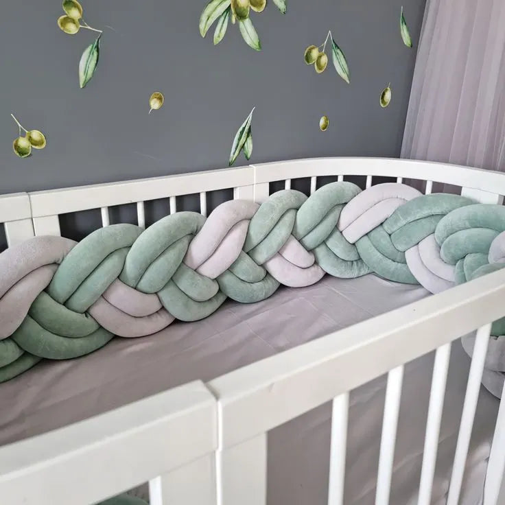 double braided crib bumper sage olive gray white in white standard crib, nature nursery wall decor