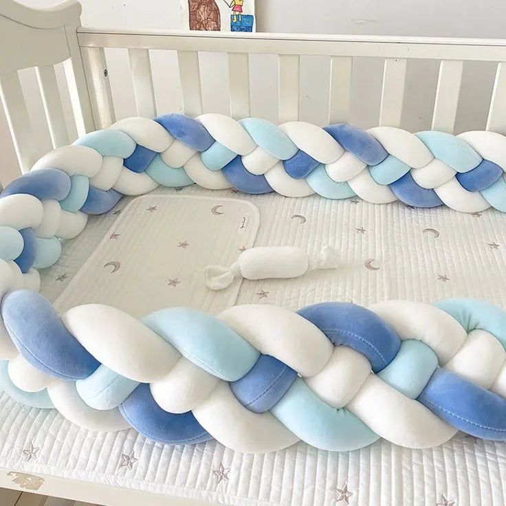 4 strand braided crib bumper white light blue blue in white standard crib, boy nursery