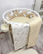3 strand braided crib bumper cream white in round crib, boho nursery with floral bedding