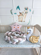White gray light pink 3-strand braided crib bumper in wooden crib with swan toy, baby girl nursery decor CottonNest