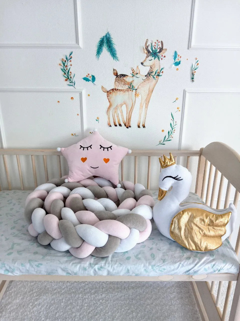 White gray light pink 3-strand braided crib bumper in wooden crib with swan toy, baby girl nursery decor CottonNest