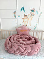 solid rose double braided crib bumper coiled in natural wood crib, deer nursery wall decor, girl nursery