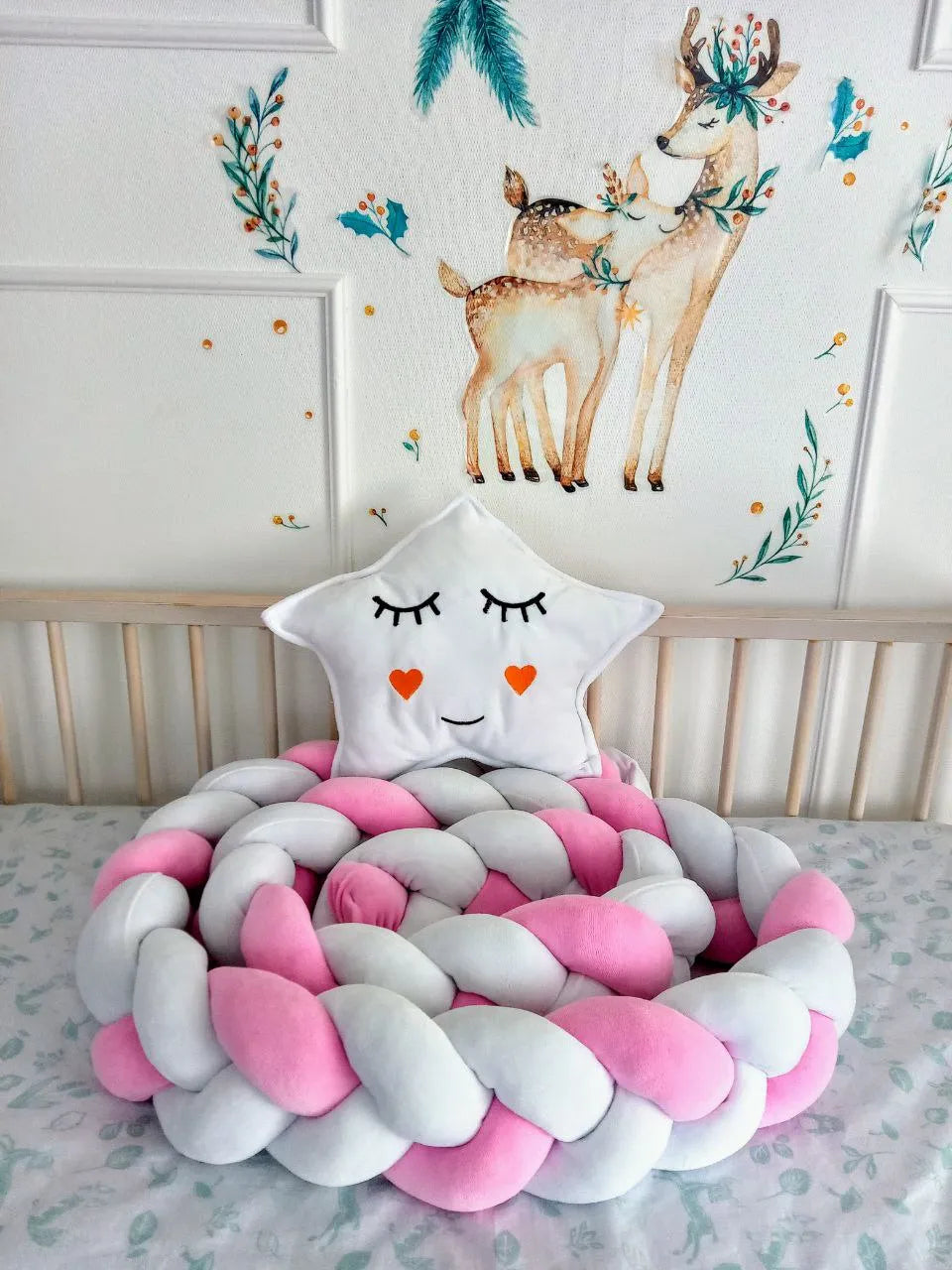 White pink 3-strand braided crib bumper in crib with star pillow, handmade cotton baby girl bumper