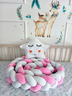White pink 3-strand braided crib bumper in crib with star pillow, handmade cotton baby girl bumper