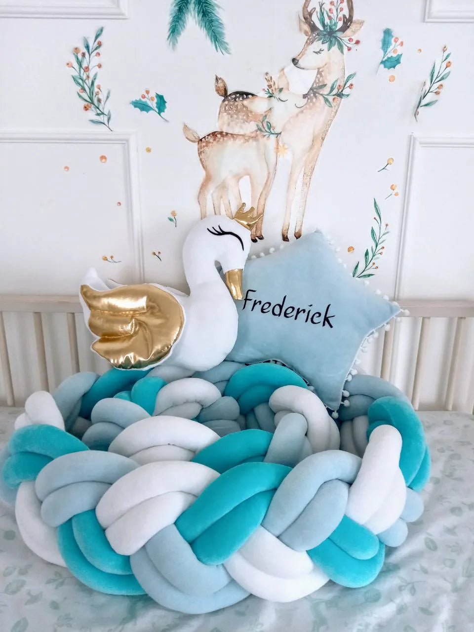 double braided crib bumper teal aqua white coiled in natural wood crib, swan pillow, boy nursery deer decor