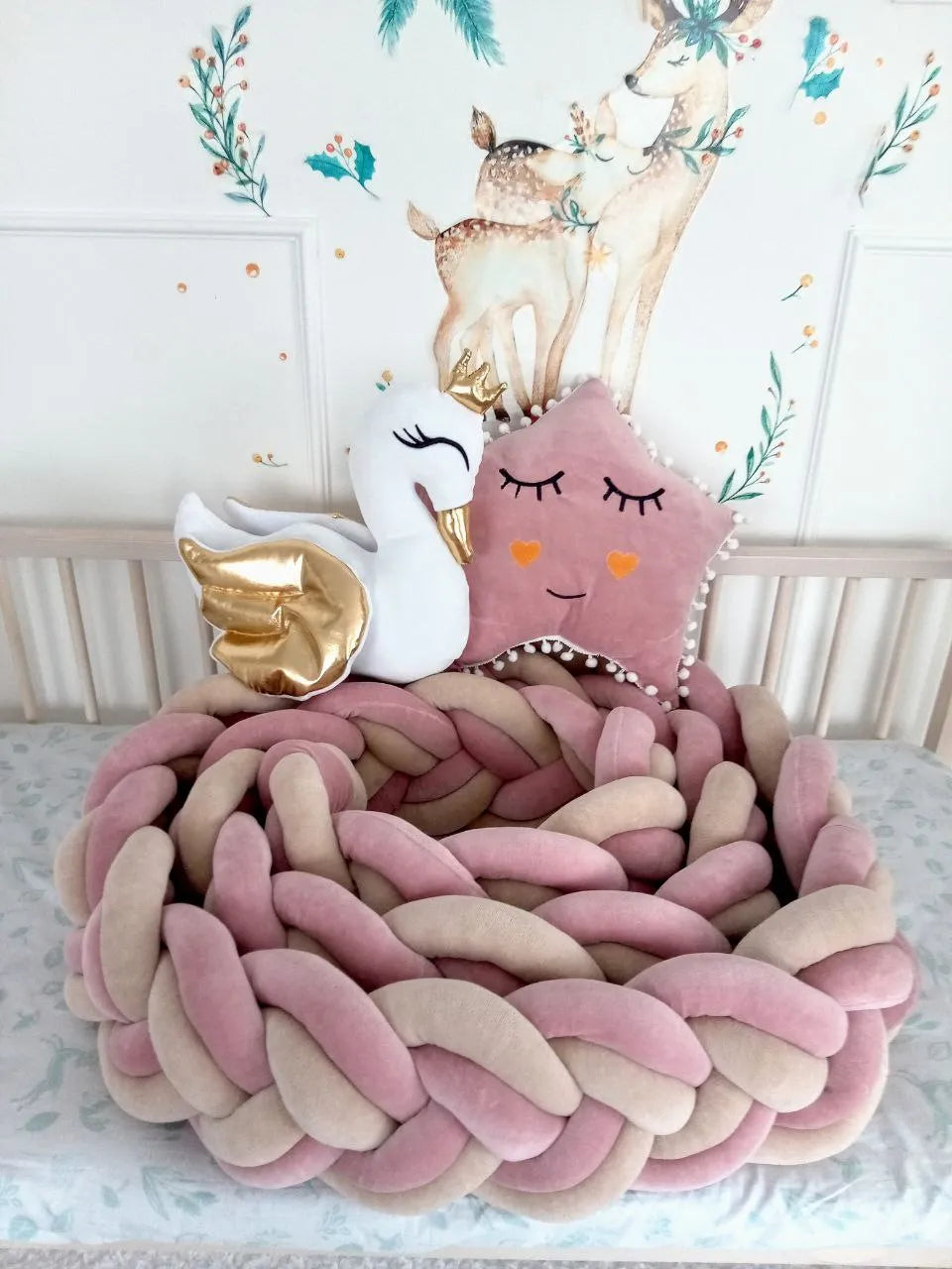 double braided crib bumper rose cream coiled in natural wood crib, swan pillow, girl nursery decor