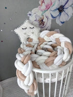 white beige mix double braided crib bumper round crib with star pillow