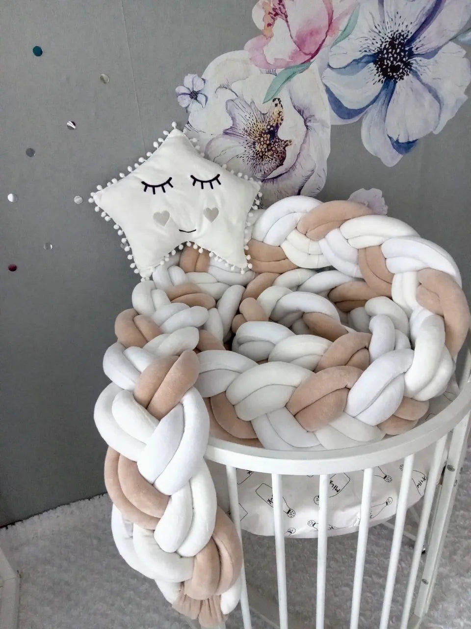 white beige mix double braided crib bumper round crib with star pillow