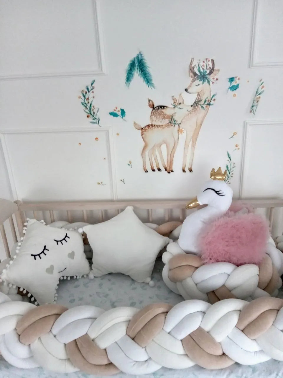 double braided crib bumper cream white beige in natural wood crib, swan pillow, deer wall nursery decor