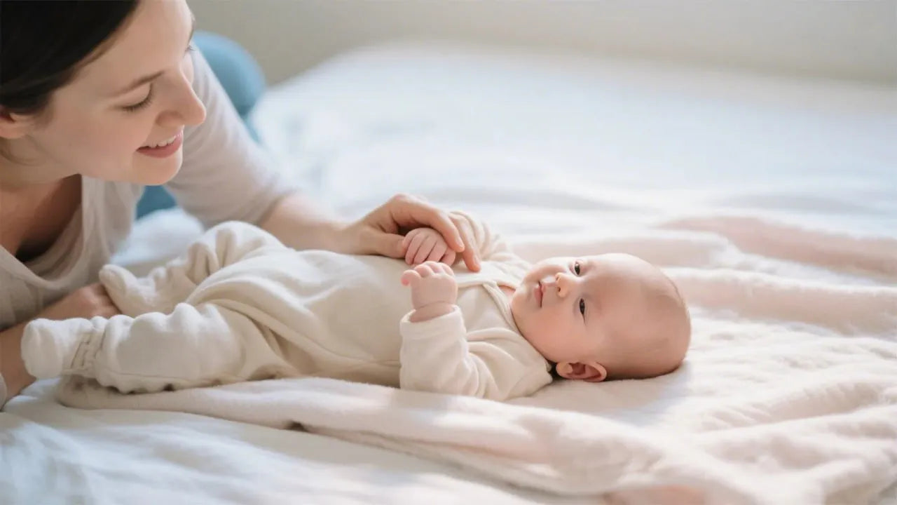 mother smiling at newborn lying on white bedding safe hypoallergenic nursery