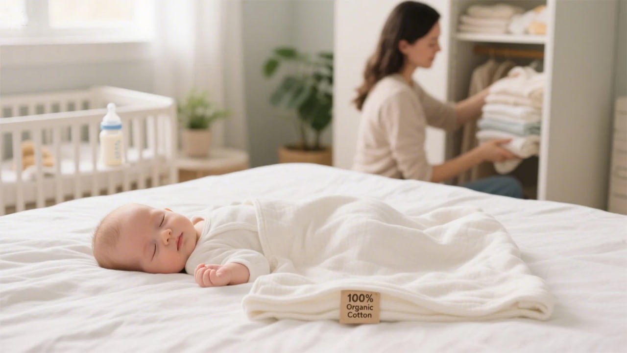 Baby lying on a bed with organic cotton clothing tag, mother in the background