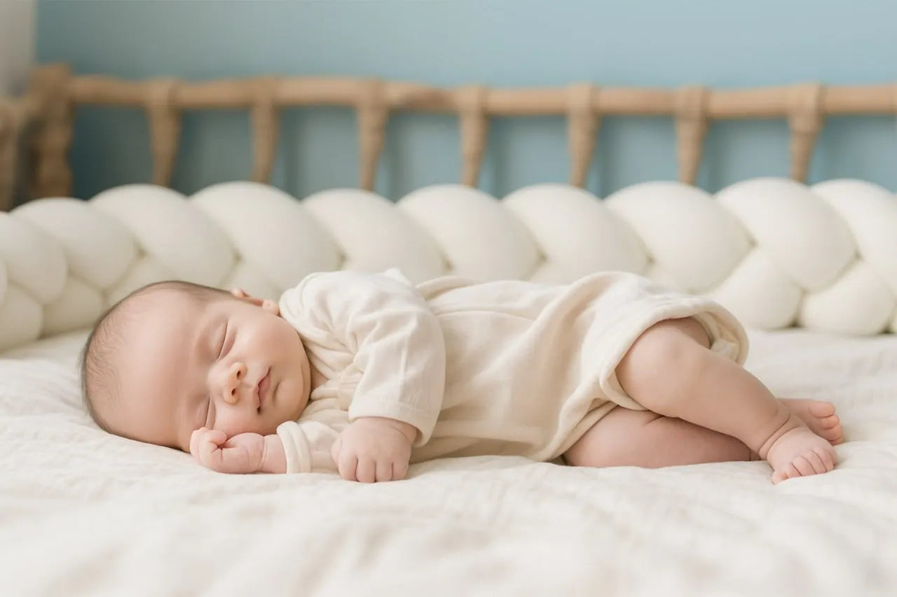 newborn sleeping next to white braided crib bumper hypoallergenic cotton velour