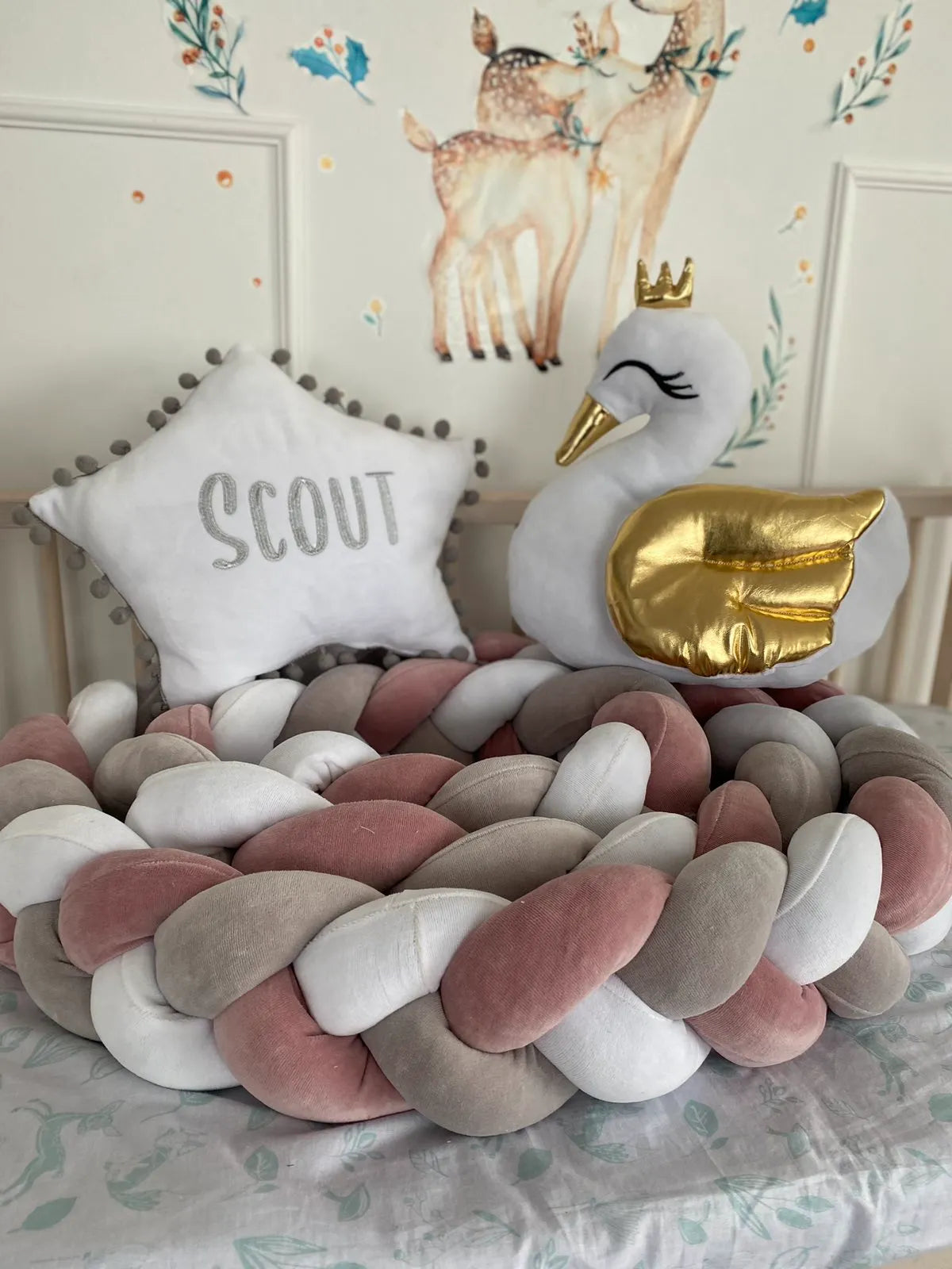 White gray rose 3-strand braided crib bumper with personalized pillow and swan toy, handmade nursery decor