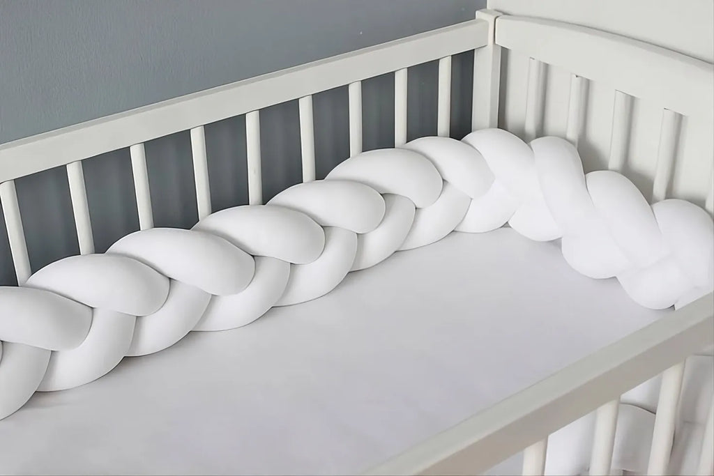 3 strand braided crib bumper white solid color in standard crib, hypoallergenic baby bumper