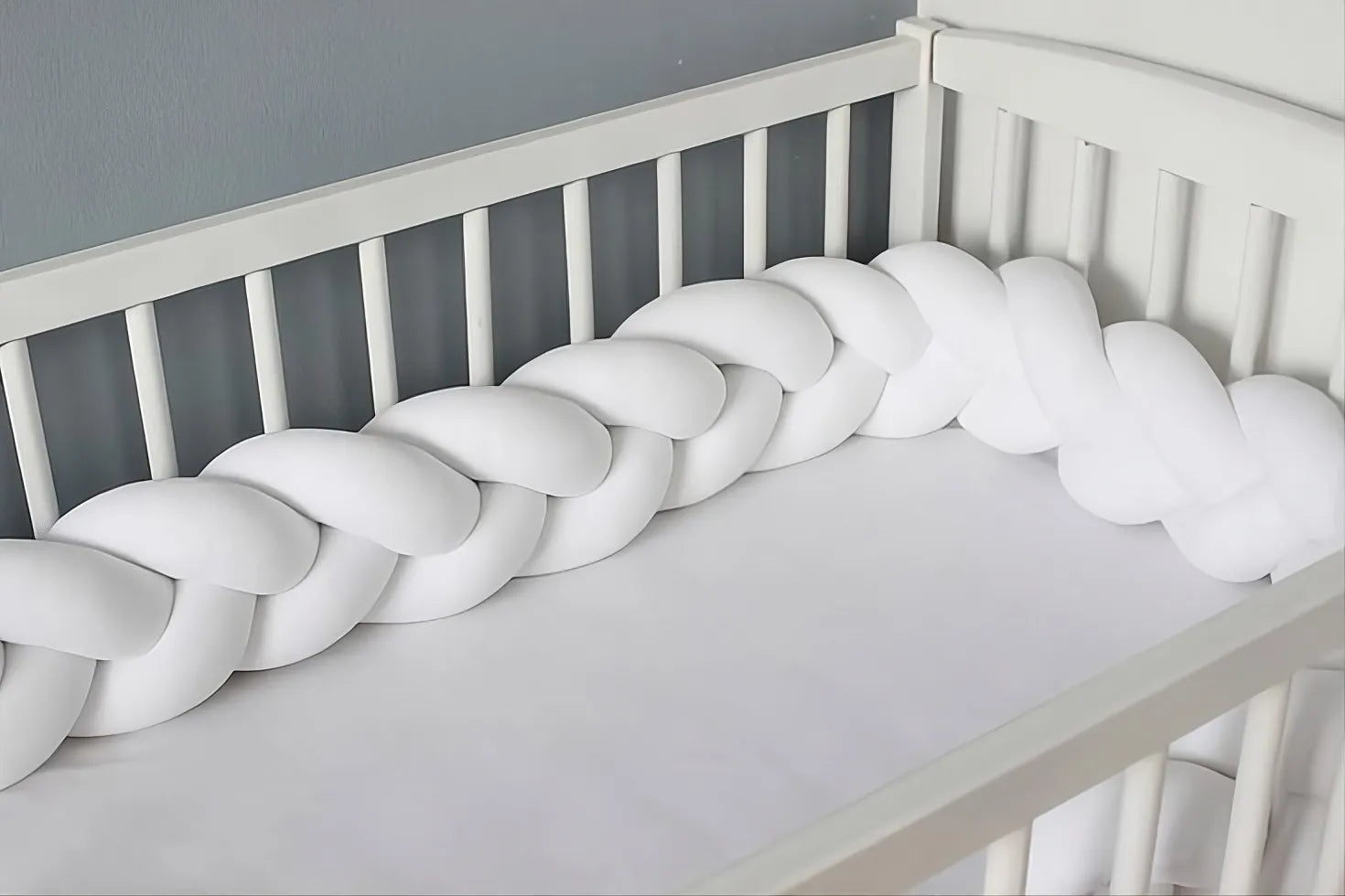 3 strand braided crib bumper white solid color in standard crib, hypoallergenic baby bumper